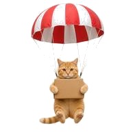 Un gato bajando en paracaídas con una caja de envío