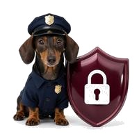 Un perro salchicha vestido de policía junto a un escudo con un candado